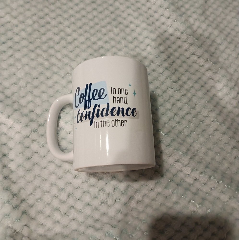 White Coffee Mug with Blue Text
